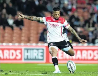  ?? PHOTOS: GETTY IMAGES ?? Key man . . . Lions first fiveeighth Elton Jantjies kicks for goal against the Chiefs in Hamilton last year.