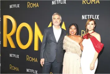  ?? —AFP file photo ?? Alfonso Cuaron, Yalitza Aparicio and Marina de Tavira attend the Netflix ‘Roma’ premiere on Dec 10, 2018 in Hollywood, California.