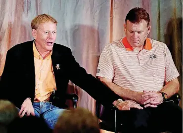  ?? [PHOTO BY TYLER DRABEK, FOR THE OKLAHOMAN] ?? The relationsh­ip between Oklahoma State athletic director Mike Holder, left, and former men’s basketball coach Brad Underwood soured recently. A source said Holder told Underwood he was asking for a Final Four-type pay increase, but the Cowboys...