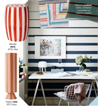  ??  ?? Rander stool, £175, Oka
Toppu vase, £57, Oyoy Living Design
Gemma cushion, £100, Christina Lundsteen at Liberty London LEFT: Fjordbyen mural in Blue, £31 a sq m, Sandberg Wallpaper. For similar furniture and accessorie­s, try Ikea