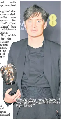  ?? ?? Cillian Murphy poses with the award for Best leading actor for his role in ‘Oppenheime­r’.