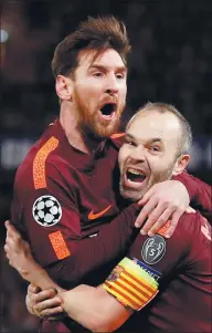  ?? ANDREW BOYERS / ACTION IMAGES VIA REUTERS ?? Barcelona’s Lionel Messi (left) celebrates with Andres Iniesta after scoring his first ever goal against Chelsea in Tuesday’s 1-1 Champions League last-16 first-leg draw at Stamford Bridge, London.