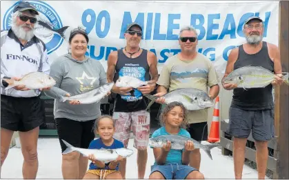  ?? PICTURE / SUPPLIED ?? Wayne Newcombe, Keri Hokai, Milton Arnold, Mate Covich, Paul Summers, (front) Chloe Hokai and Michael Brown at the Workman Tankard fishing contest earlier this month.