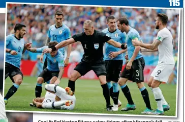  ?? REUTERS ?? Cool it: Ref Nestor Pitana calms things after Mbappe’s fall