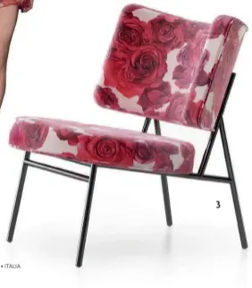  ??  ?? DITELO COI FIORI. 1. Di Busetti Garuti Redaelli, studi per la poltrona Coco, perfetto incontro tra linea curva e linea dritta. 2. Abito Blumarine con il motivo Rose Rosse riportato dalla Molinari sui tessuti disegnati per Calligaris. 3. La poltrona Coco, finitura nickel. 3