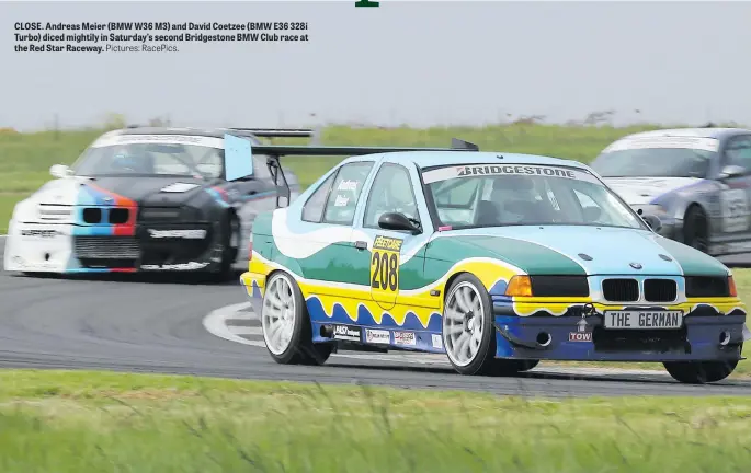  ?? Pictures: RacePics. ?? CLOSE. Andreas Meier (BMW W36 M3) and David Coetzee (BMW E36 328i Turbo) diced mightily in Saturday’s second Bridgeston­e BMW Club race at the Red Star Raceway.