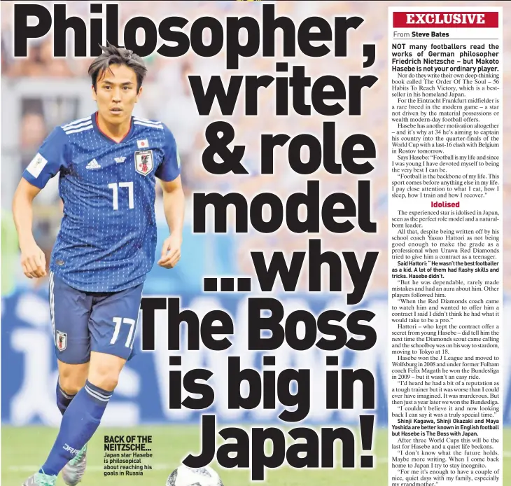  ??  ?? BACK OF THE NEITZSCHE... Japan star Hasebe is philosopic­al about reaching his goals in Russia