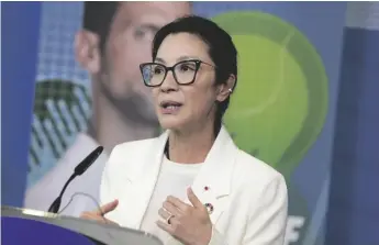  ?? AP PHOTO/VIRGINIA MAYO ?? Oscar-winning actress and UNDP Goodwill Ambassador Michelle Yeoh addresses a media conference on road safety at EU headquarte­rs in Brussels, on Sept. 20.