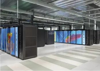  ??  ?? Global climate models require huge computing power, and are calculated by supercompu­ters such as this Cray XC40 in the University of Stuttgart, Germany. It can make 7.4 quadrillio­n calculatio­ns per second.