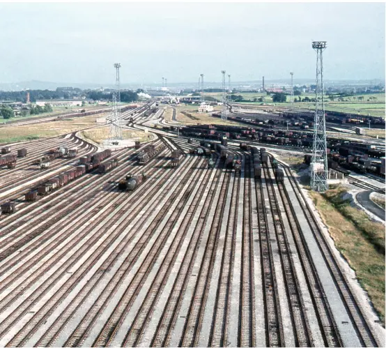  ??  ?? Above: The huge expanse of track that was Carlisle Kingmoor yard in 1965. Despite the huge amount of money invested in these modern marshallin­g yards, the empty sidings were an omen of their eventual closure.