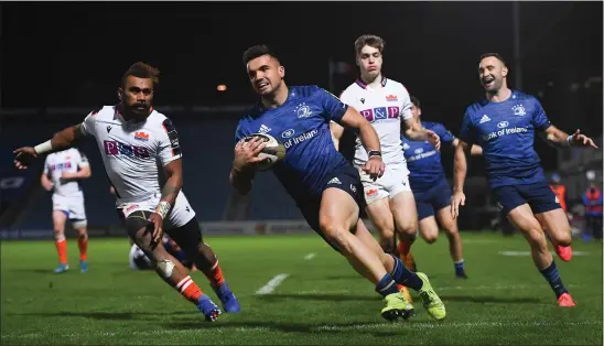  ??  ?? Cian Kelleher on his way to scoring Leinster’s eighth try of the night at the RDS Arena as Edinburgh slumped to defeat