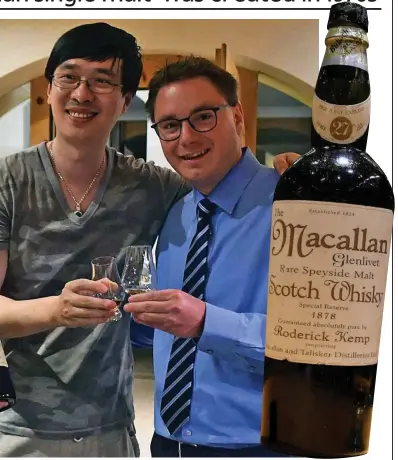  ??  ?? Whisky sour: Zhang Wei and Sandro Bernasconi sample the fake Speyside tipple, right