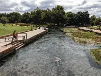  ?? Jordan Vonderhaar / Contributo­r ?? A swimmer in the San Marcos River heads upstream. Animals and plants that are endangered make the river their home.