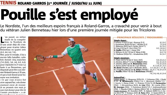  ??  ?? Lucas Pouille a eu besoin de cinq manches pour se défaire de Julien Benneteau, hier sur le Central. (Photos AFP)