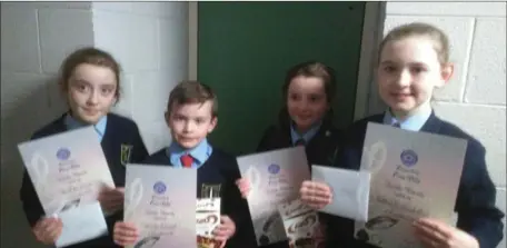  ??  ?? Pupils from Ballyduff NS who received certificat­es and awards for their Irish poetry compositio­ns in the Sult na Nog competitio­n recently. Niams Fitzgerald, Alex O’Carroll, Raonaid Ross and Aoibhinn O’Connor