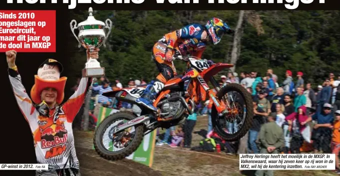  ?? Foto RA
Foto RAY ARCHER ?? GP-winst in 2012. Jeffrey Herlings heeft het moeilijk in de MXGP. In Valkenswaa­rd, waar hij zeven keer op rij won in de MX2, wil hij de kentering inzetten.