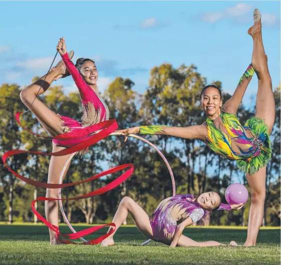  ?? Picture: JERAD WILLIAMS ?? Elite Rhythmic Gymnastics Club members Sunny Bower, 14, Riana Narushima, 10, and Sonya Lee, 18, will compete at the national titles.