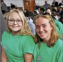  ??  ?? From left: Animal science - dairy majors Haley Cough, from Homer and Malorie Jordan, from Franklin, pose during an Academic Welcome Ceremony held during Morrisvill­e State College’s Welcome Weekend.