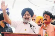  ?? HT PHOTO ?? SAD chief Sukhbir Singh Badal addressing an election rally at Dhariwal in Gurdaspur on Thursday.