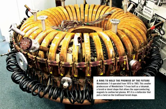  ??  ?? A RING TO HOLD THE PROMISE OF THE FUTURE
Wendelstei­n 7-A operated from 1975 to 1985. This smaller predecesso­r of Wendelstei­n 7-X was built as a tokamak, a toroid or donut shape that allows the supercondu­cting magnets to confine hot plasma. W7-X is a stellarato­r that puts a twist on the traditiona­l toroid shape.