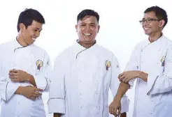  ??  ?? The members of Pastry Team PH, the first Philippine representa­tives to the Coupe du Monde, are Bryan Dimayuga, Vicente Cahatol and Rizalino Mañas Jr.