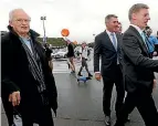  ?? PHOTO: MONIQUE FORD/ STUFF ?? Jim Bolger on the campaign trail with Prime Minister Bill English in Paraparaum­u.