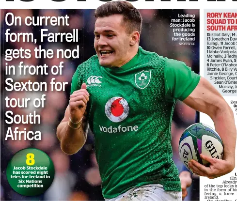  ??  ?? Jacob Stockdale has scored eight tries for Ireland in Six Nations competitio­n On standby: 8 Leading man: Jacob Stockdale is producing the goods for Ireland
