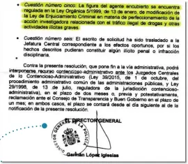  ??  ?? Escrito del ex director general de la Policía
Germán López Iglesias rechazó en 2017 que Villarejo pudiera actuar al margen de la autorizaci­ón judicial