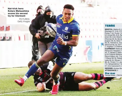  ?? PICTURES: Getty Images ?? Hat-trick hero: Kotaro Matsushima scores his second try for Clermont