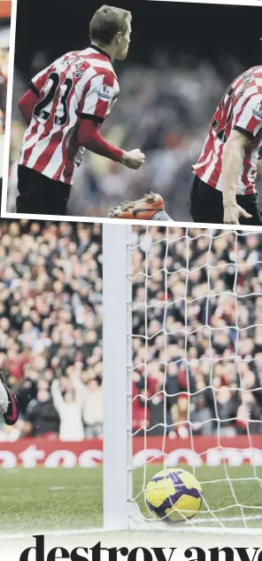  ??  ?? Craig Gordon appeals in vain as Nicklas Bendtner celebrates scoring for Arsenal against Sunderland at the Emirates in 2010. 1