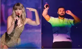  ??  ?? Representi­ng ‘the two sides of pop’s current era’ ... Taylor Swift and Drake. Composite: Reuters and WireImage