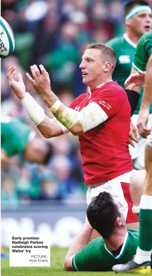  ?? PICTURE: Huw Evans ?? Early promise: Hadleigh Parkes celebrates scoring Wales’ try