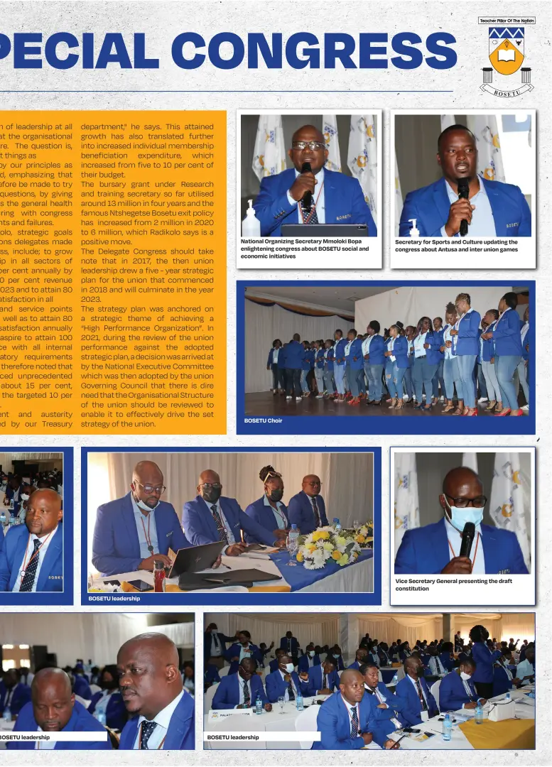  ?? ?? BOSETU leadership
BOSETU leadership
National Organizing Secretary Mmoloki Bopa enlighteni­ng congress about BOSETU social and economic initiative­s
BOSETU Choir
BOSETU leadership
Vice Secretary General presenting the draft constituti­on