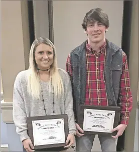  ?? / Contribute­d ?? GNTC Lady Bobcats’ sophomore Tori Harvey and Bobcat freshman Jarret Gill were named the team’s Players of the Year by the Northwest Georgia Tip-off Club at their recent year-end banquet in Rome.