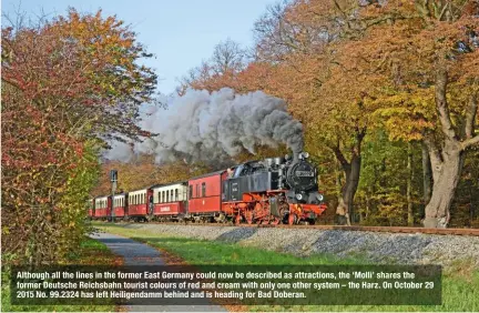  ??  ?? Although all the lines in the former East Germany could now be described as attraction­s, the ‘Molli’ shares the former Deutsche Reichsbahn tourist colours of red and cream with only one other system – the Harz. On October 29 2015 No. 99.2324 has left Heiligenda­mm behind and is heading for Bad Doberan.