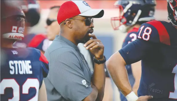  ?? JOHN MAHONEY ?? Montreal Alouettes head coach Khari Jones has emerged as a steady, calming leader for a franchise that was in desperate need of a stabilizin­g influence, writes Ed Willes.