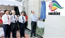  ??  ?? Sunshine Holdings Group Managing Director Vish Govindasam­y unveiling the new logo in the presence of (from left) Director Shyam Sathasivam, Chairman Rienzie Wijetillek­e, Founder and Director G. Sathasivam