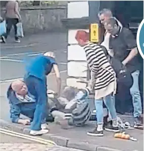  ??  ?? Shopping spills out as the brawlers tumble to the pavement, leaving one man to pick up the debris outside the closed doors of The Town House bar.