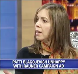  ??  ?? Patti Blagojevic­h appears Friday on WLFD- Fox 32, denouncing the leak of FBI wiretaps of Rod Blagojevic­h that Gov. Bruce Rauner’s campaign used in an ad against Democratic challenger J. B. Pritzker.
| SCREEN GRAB