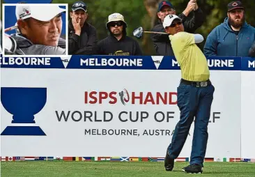  ??  ?? Good last day: Nicholas Fung and Danny Chia (inset) shot their best score of the week – a 66 – in the final round of the World Cup of Golf in Melbourne yesterday. — AFP