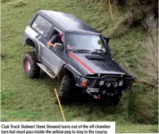  ?? ?? Club Truck Stalwart Steve Steward turns out of the off chamber turn but must pass inside the yellow peg to stay in the course.