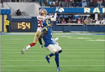  ?? DAVID CRANE — SCNG ?? The 49ers’ Ambry Thomas intercepts a pass intended for the Rams’ Odell Beckham Jr. in overtime to clinch a 27-24win.