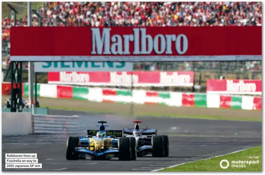  ??  ?? Raikkonen lines up Fisichella on way to 2005 Japanese GP win