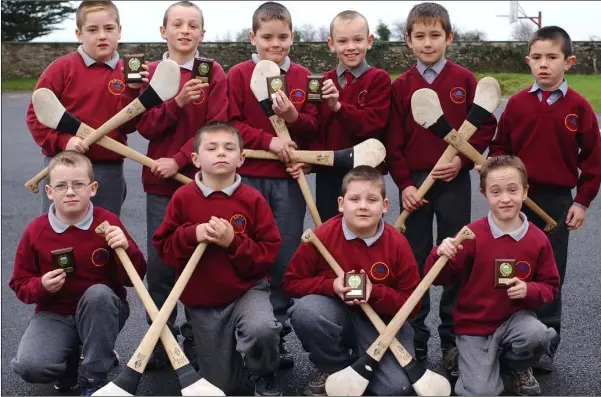  ??  ?? Brian Maguire (Front Left) Wayne McArdle, Fergus English and Keith Ryan with (Back L-R) Kevin Callan, Robert McHugh, Andrew English, Conor Roney, Mark Finnegan and Patrick Duffy members of the Louth Village National School indoor hurling team who were runners up in the Cumann na mBun Scoil Louth Indoor Hurling Final.