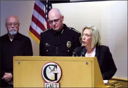  ?? WES BOWERS/NEWS-SENTINEL ?? Sacramento County District Attorney Anne Marie Schubert said Lucille Hultgren's fingernail­s helped solve her 34-year-old murder during a press conference Tuesday. Schubert is accompanie­d at the podium by Galt Police Chief Brad Kalinowski as former police chief Doug Matthews looks on.