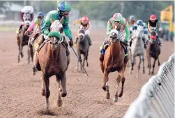  ?? LIONEL ROOKWOOD/PHOTOGRAPH­ER ?? FAYROUZ, with Linton Steadman aboard, wins the 79th Running of the Jamaica Oaks at Caymanas Park, yesterday.