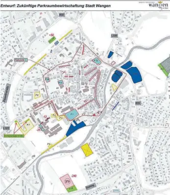  ?? GRAFIK: STADT WANGEN ?? Die Karte zeigt alle öffentlich­en Parkplätze in der Wangener Kernstadt: Auf den hell- oder dunkelblau gefärbten Stellfläch­en soll das Abstellen von Autos künftig Geld kosten. Lediglich die grün eingezeich­neten Parkplätze könnten kostenfrei bleiben. Im Wesentlich­en sind das die neuen Stellplätz­e hinter dem Bahnhof (oben), die Fläche am neuen Kunstrasen­platz (rechts oben) sowie der nach Fertigstel­lung des neuen Wohnmobils­tellplatze­s verblieben­e Raum am Gehrenberg (nicht im Bild).