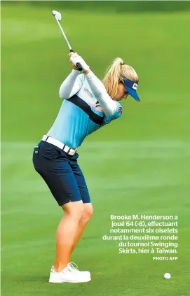  ?? PHOTO AFP ?? Brooke M. Henderson a joué 64 (-8), effectuant notamment six oiselets durant la deuxième ronde du tournoi Swinging Skirts, hier à Taïwan.