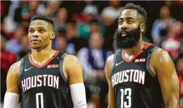  ?? Steve Gonzales / Staff photograph­er ?? Whether Russell Westbrook and James Harden see enough in Christian Wood to want to stay is unclear.