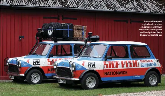  ??  ?? Restored Jack (with original roof-rack) and Jill, complete with truck air-cleaners, stone guards and hand-painted livery. BL donated the LHD pair